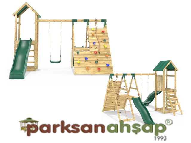 30650 - Ahşap Çift Kaydıraklı Tırmanmalı Salıncaklı Set